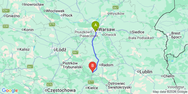 Map: Warsaw Chopin Airport (WAW) to Szydlowiec