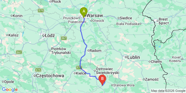 Map: Warsaw Chopin Airport (WAW) to Tarnobrzeg