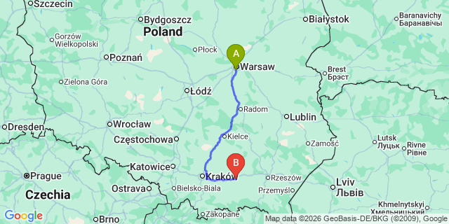 Map: Warsaw Chopin Airport (WAW) to Tarnow