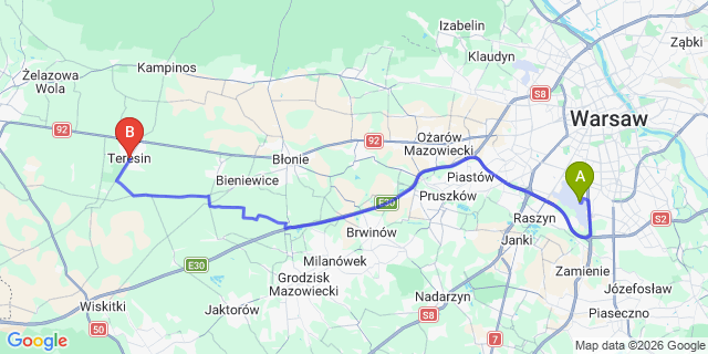 Map: Warsaw Chopin Airport (WAW) to Teresin