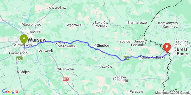 Map: Warsaw Chopin Airport (WAW) to Terespol