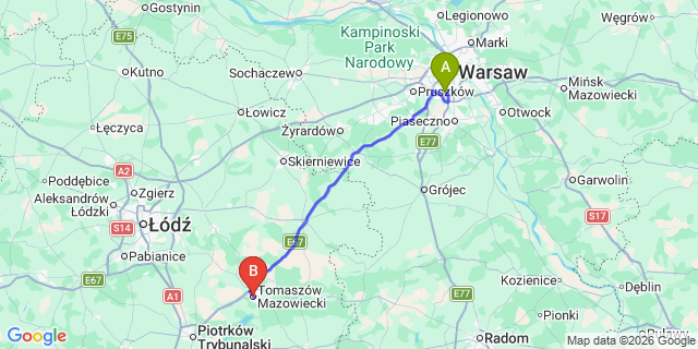 Map: Warsaw Chopin Airport (WAW) to Tomaszow Mazowiecki