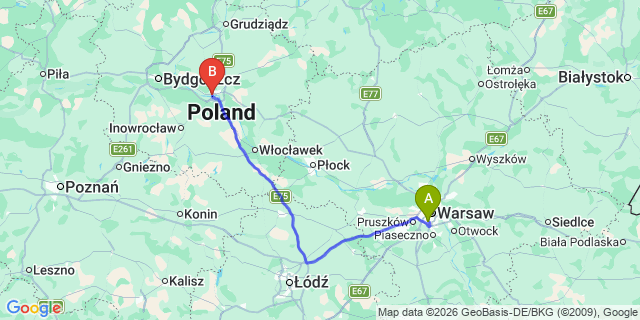 Map: Warsaw Chopin Airport (WAW) to Torun