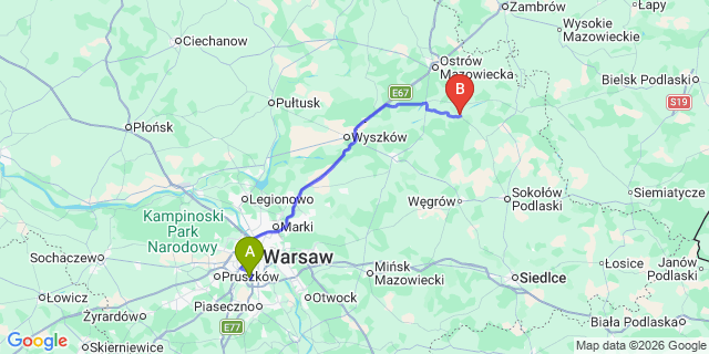 Map: Warsaw Chopin Airport (WAW) to Treblinka