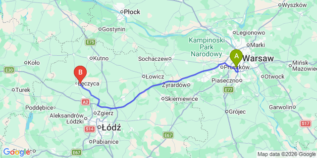 Map: Warsaw Chopin Airport (WAW) to Tum