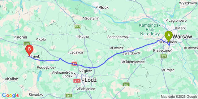Map: Warsaw Chopin Airport (WAW) to Turek