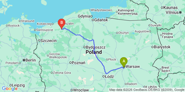 Map: Warsaw Chopin Airport (WAW) to Tychowo