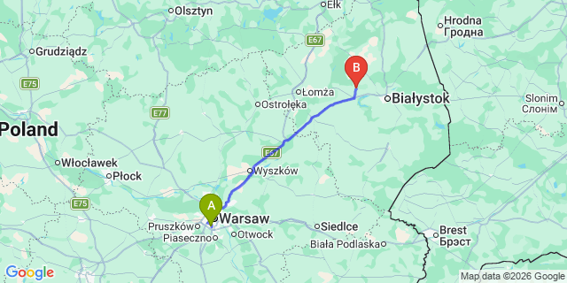 Map: Warsaw Chopin Airport (WAW) to Tykocin