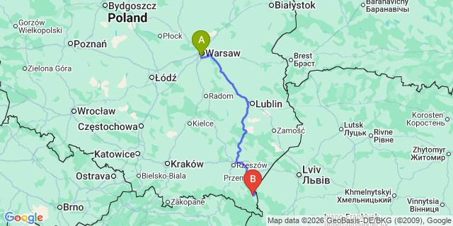 Map: Warsaw Chopin Airport (WAW) to Ustrzyki Dolne