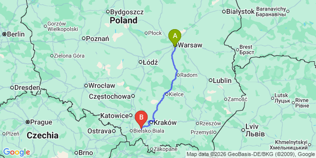 Map: Warsaw Chopin Airport (WAW) to Wadowice