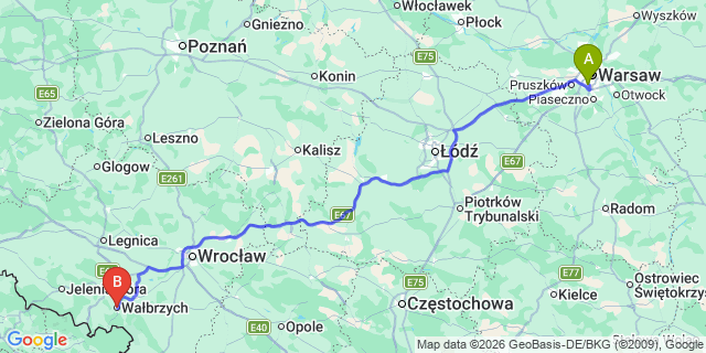 Map: Warsaw Chopin Airport (WAW) to Walbrzych