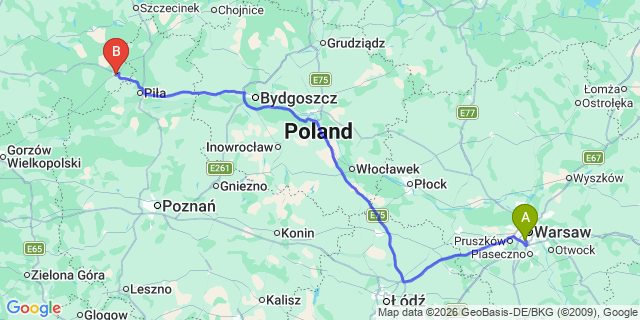 Map: Warsaw Chopin Airport (WAW) to Walcz