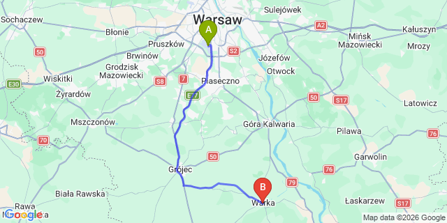 Map: Warsaw Chopin Airport (WAW) to Warka