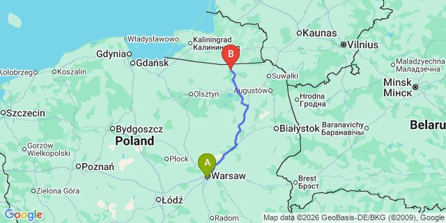 Map: Warsaw Chopin Airport (WAW) to Wegorzewo
