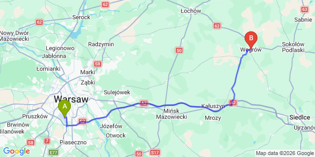 Map: Warsaw Chopin Airport (WAW) to Wegrow
