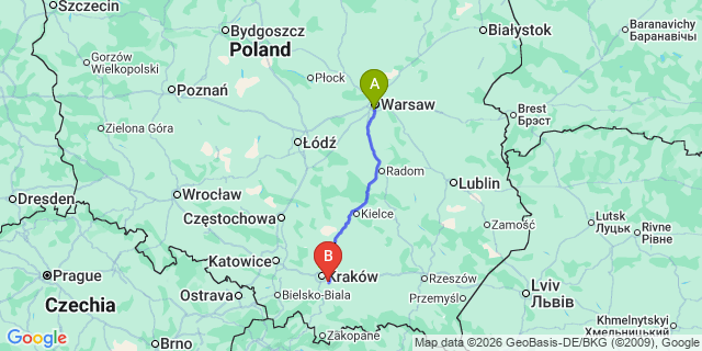 Map: Warsaw Chopin Airport (WAW) to Wieliczka