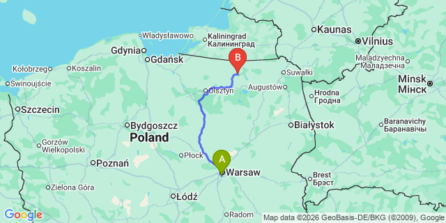 Map: Warsaw Chopin Airport (WAW) to Wilczy Szaniec Ketrzyn