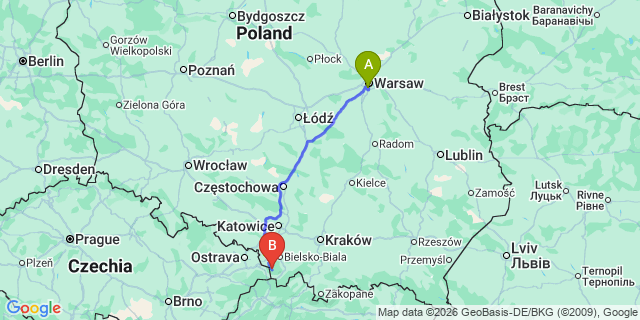 Map: Warsaw Chopin Airport (WAW) to Wisla