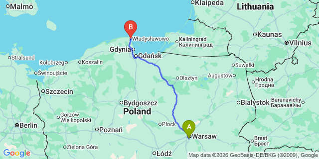 Map: Warsaw Chopin Airport (WAW) to Wladyslawowo