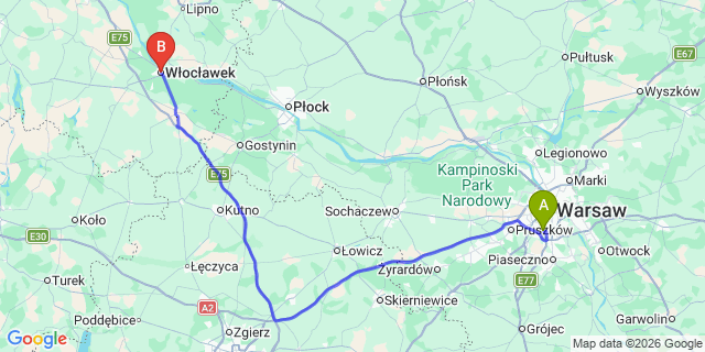 Map: Warsaw Chopin Airport (WAW) to Wloclawek