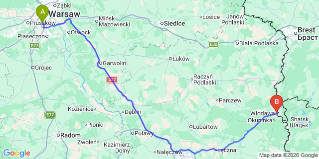 Map: Warsaw Chopin Airport (WAW) to Wlodawa