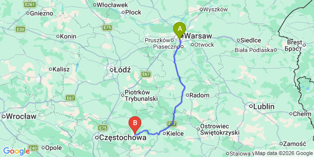 Map: Warsaw Chopin Airport (WAW) to Wloszczowa