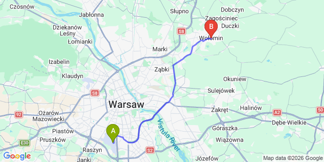 Map: Warsaw Chopin Airport (WAW) to Wolomin