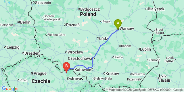 Map: Warsaw Chopin Airport (WAW) to Wroclaw