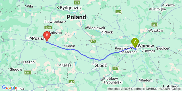 Map: Warsaw Chopin Airport (WAW) to Wrzesnia