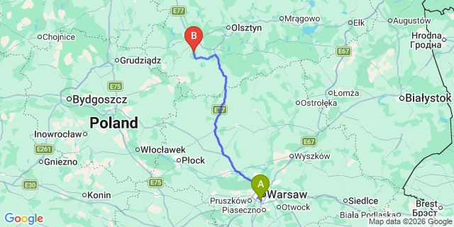 Map: Warsaw Chopin Airport (WAW) to Wzgorza Dylewskie