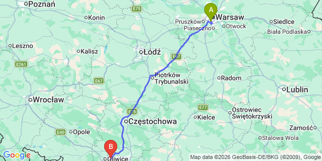 Map: Warsaw Chopin Airport (WAW) to Zabrze