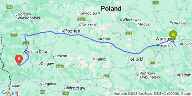 Map: Warsaw Chopin Airport (WAW) to Zagan