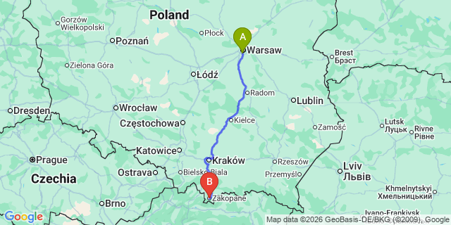 Map: Warsaw Chopin Airport (WAW) to Zakopane