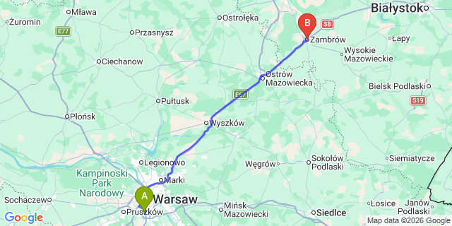 Map: Warsaw Chopin Airport (WAW) to Zambrow