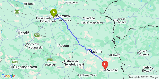 Map: Warsaw Chopin Airport (WAW) to Zamosc