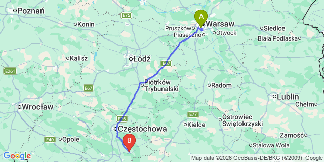 Map: Warsaw Chopin Airport (WAW) to Zawiercie