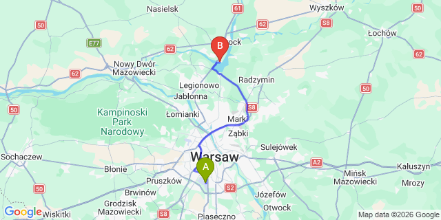 Map: Warsaw Chopin Airport (WAW) to Zegrze