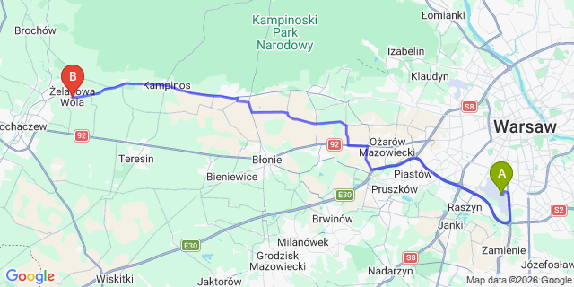 Map: Warsaw Chopin Airport (WAW) to Zelazowa Wola