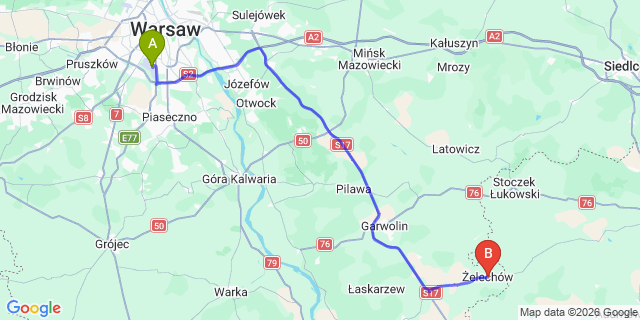 Map: Warsaw Chopin Airport (WAW) to Zelechow