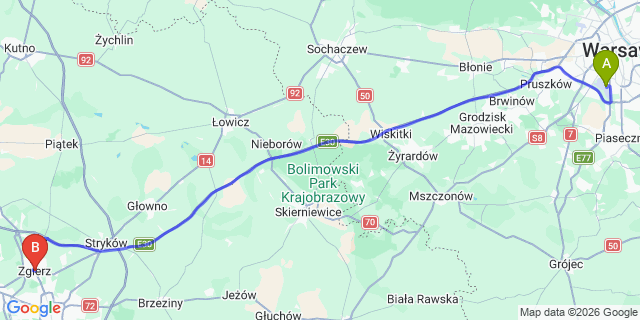Map: Warsaw Chopin Airport (WAW) to Zgierz