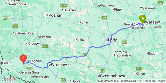 Map: Warsaw Chopin Airport (WAW) to Zlotoryja