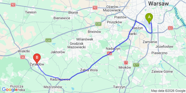 Map: Warsaw Chopin Airport (WAW) to Zyrardow