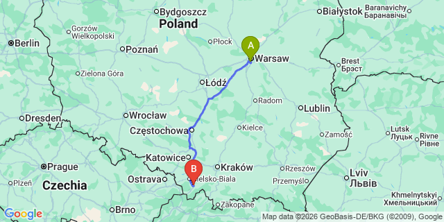 Map: Warsaw Chopin Airport (WAW) to Żywiec