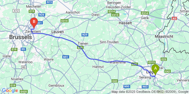 Map: Brussels Zaventem Airport (BRU) to Grivegnée