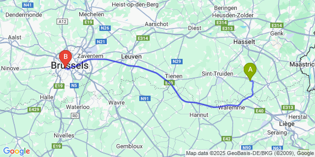 Map: Brussels Midi Train Station to Groot-Loon