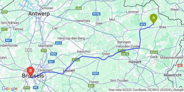 Map: Brussels Midi Train Station to Grote-Brogel