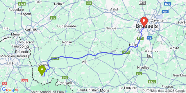 Map: Brussels Midi Train Station to Guignies