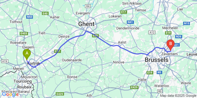 Map: Brussels Zaventem Airport (BRU) to Gullegem