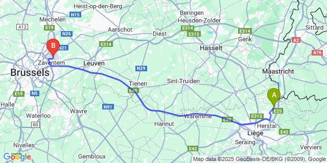 Map: Brussels Zaventem Airport (BRU) to Haccourt