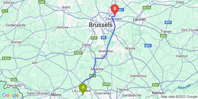 Map: Brussels Zaventem Airport (BRU) to Haine-Saint-Pierre